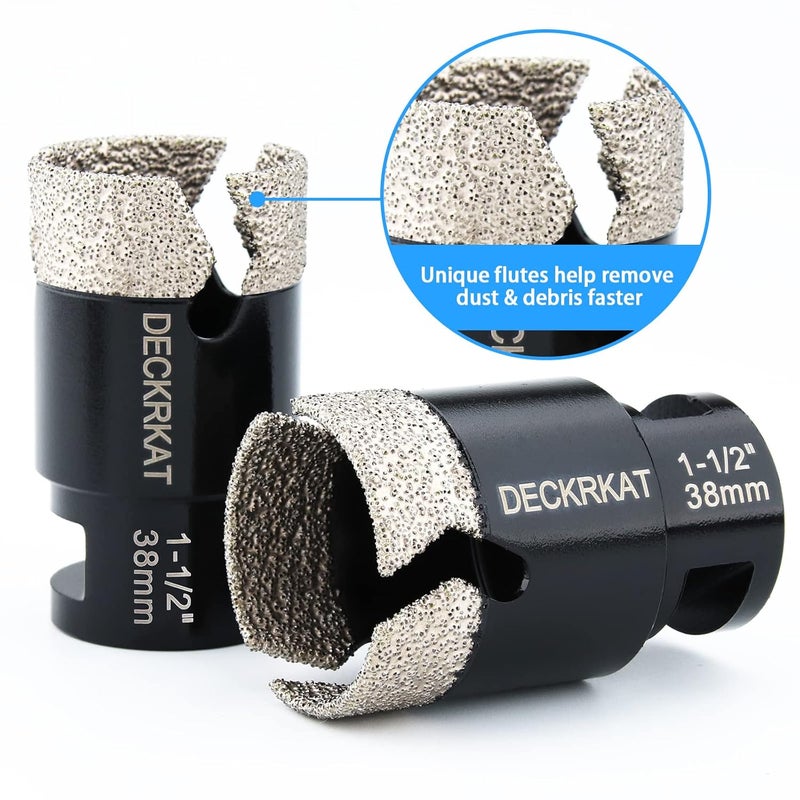 DECKRKAT 1-1/2” Diamond Core Drill Bit 38mm Vacuum Brazed Hole Saw with Cutting Flutes for Granite Quartz Porcelain Tile Hard Materials 5/8-11 Female Thread & 3/8” Hex Shank Adapter Fit Angle Grinders & Drills - Image 5